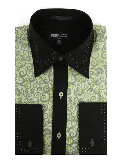 Ferrecci Men's Satine Hi-1008 Green Scroll Pattern Button Down Dress Shirt - FHYINC