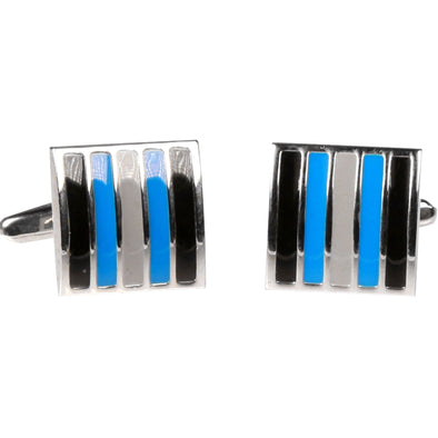 Silvertone Square Blue Stripe Cufflinks with Jewelry Box