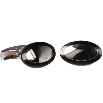 Silvertone Elliptical Black Cufflinks with Jewelry Box