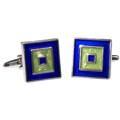 Silvertone Square Blue/Green Cufflinks with Jewelry Box