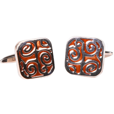 Silvertone Square Orange Geometric Pattern Cufflinks with Jewelry Box
