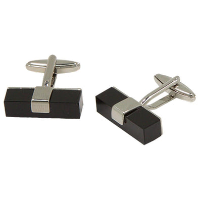 Silvertone Rectangular Black Cufflinks with Jewelry Box