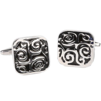 Silvertone Square Black Pattern Cufflinks with Jewelry Box