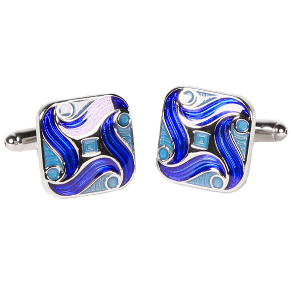 Silvertone Square Blue Swirl Geometric Pattern Cufflinks with Jewelry Box