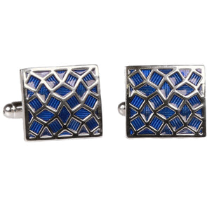 Silvertone Square Blue Geometric Pattern Cufflinks with Jewelry Box