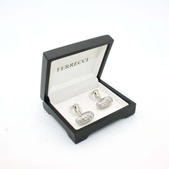 Silvertone Oval Crystal Gemstone Cuff Links With Jewelry Box