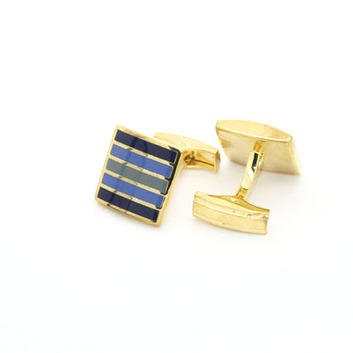 Goldtone Blue Stripe Cuff Links With Jewelry Box