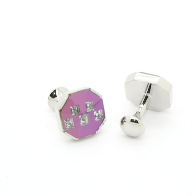 Silvertone Purple Glass Stone Cuff Links With Jewelry Box