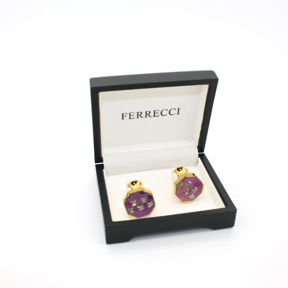 goldtone Purple Glass Stone Cuff Links With Jewelry Box