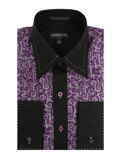 Ferrecci Men's Satine Hi-1007 Purple Scroll Pattern Button Down Dress Shirt - FHYINC