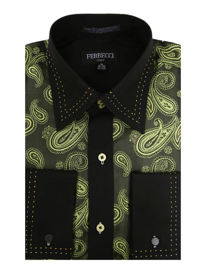 Ferrecci Men's Satine Hi-1010 Green Paisley Button Down Dress Shirt - FHYINC