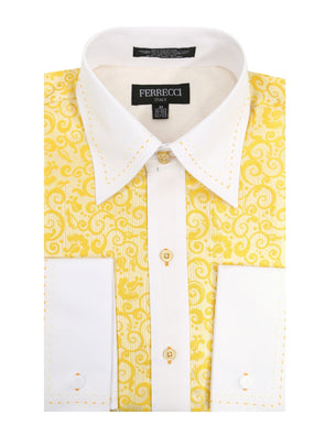 Ferrecci Men's Satine Hi-1026 Yellow Scroll Pattern Button Down Dress Shirt - FHYINC