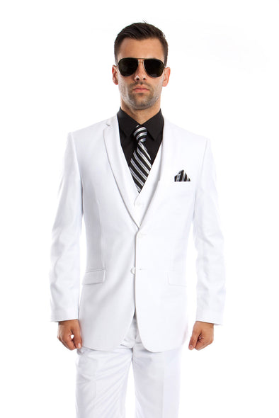 White Solid 3-PC Slim Fit Stretch Suits For Men