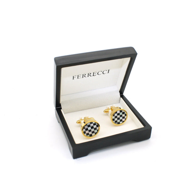 Goldtone Checker Shell Cuff Links With Jewelry Box