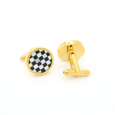 Goldtone Checker Shell Cuff Links With Jewelry Box